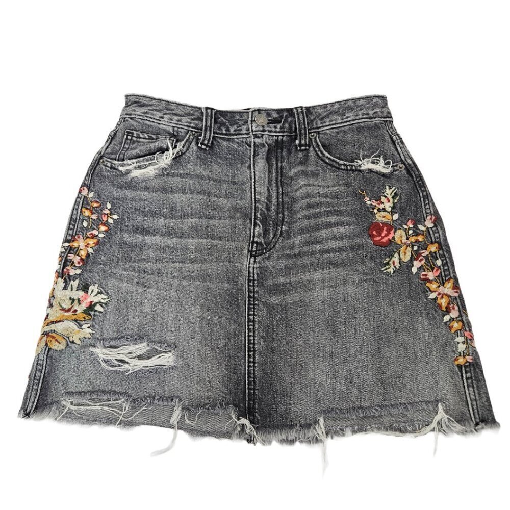 Abercrombie & Fitch Floral Embroidered Distressed Denim Faded Black Wash Skirt